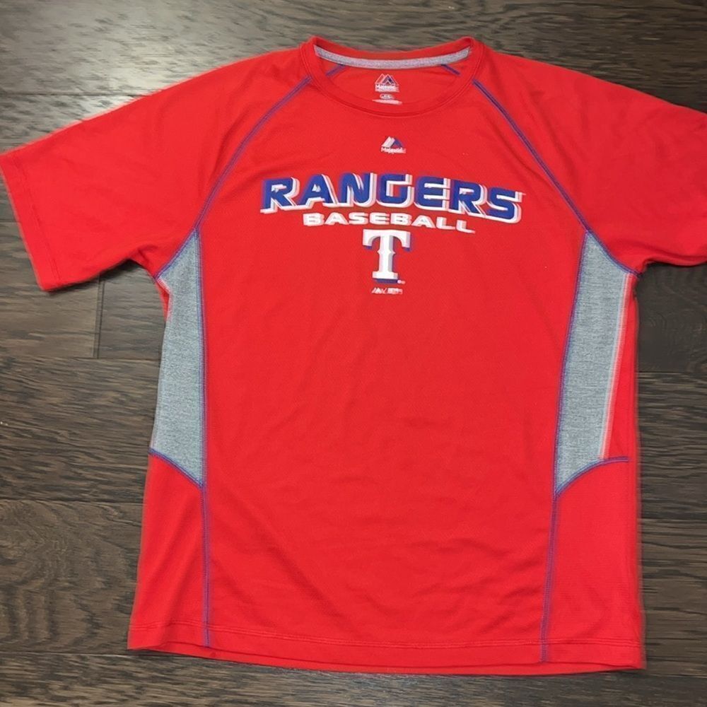 Majestic red polyester Texas Rangers Recycled vintage baseball T shirt L men’s